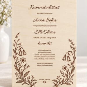 Kotimainen puinen kummitodistus kauniilla kukkakaiverruksella ja telineellä, personoitu kummille ja lapselle.